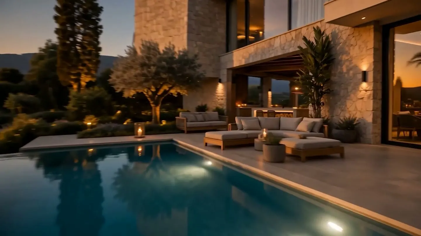 Terraza junto a la piscina al caer la tarde